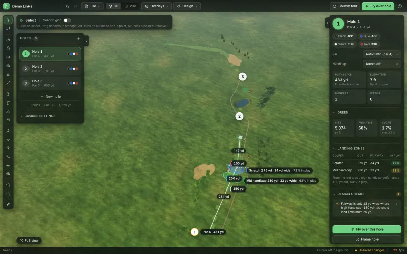 The Fairway Studio editor with a hole list, landing zone overlays and yardage labels.